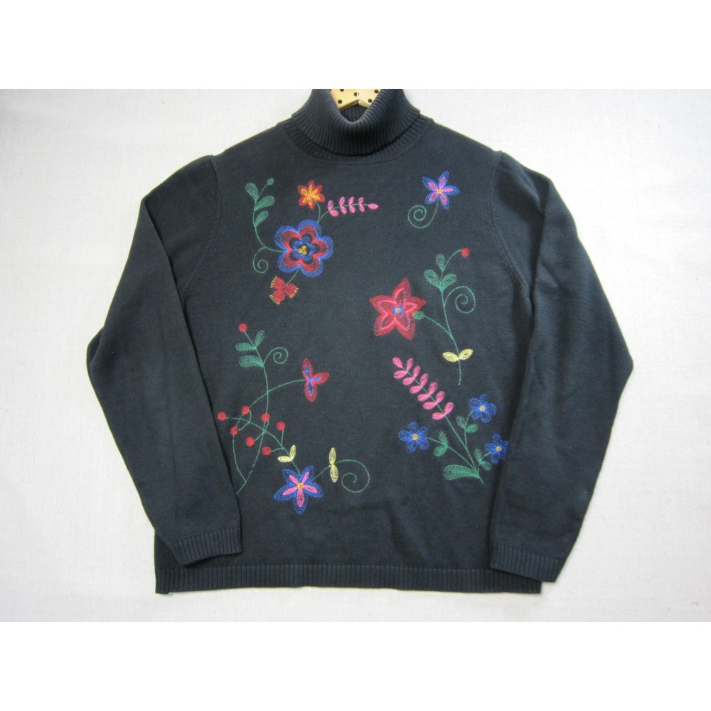 Pendleton Floral Embroidered Turtleneck Sweater Women L Black Beaded Knit Cotton
